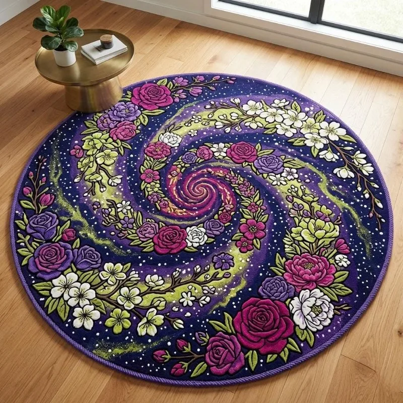 Circular Area Rug Cosmic Nebula Theme Radiant Starry Dust Pattern Botanical Flowers Non Slip Ground Blanket for Bedroom Bedside