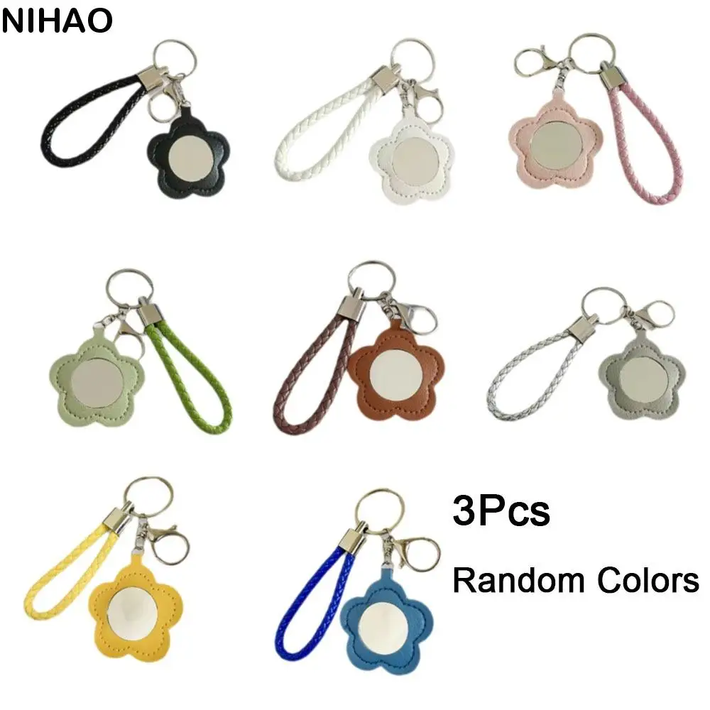 

3Pcs Portable PU Flower Shape Mirror Keychain Cute Decorative Floral Keychain Mini Makeup Bag Pendant Gift