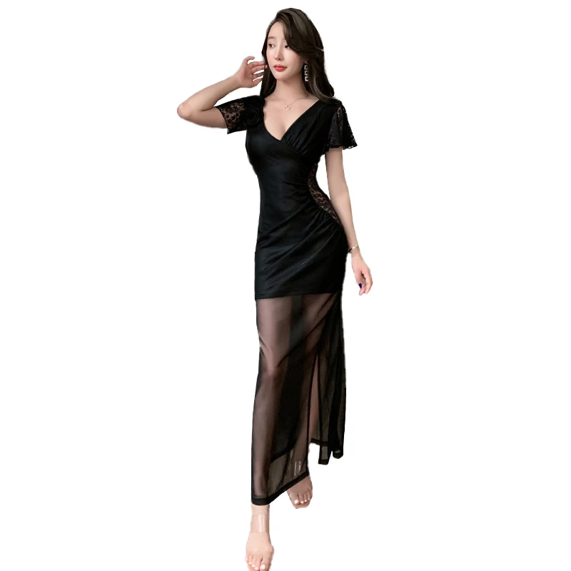 

Pleated Sexy Maxi Skirt Ladies Double Layer Mesh Low Neckline Open Back Short Sleeve Tights Club Party Evening Dress