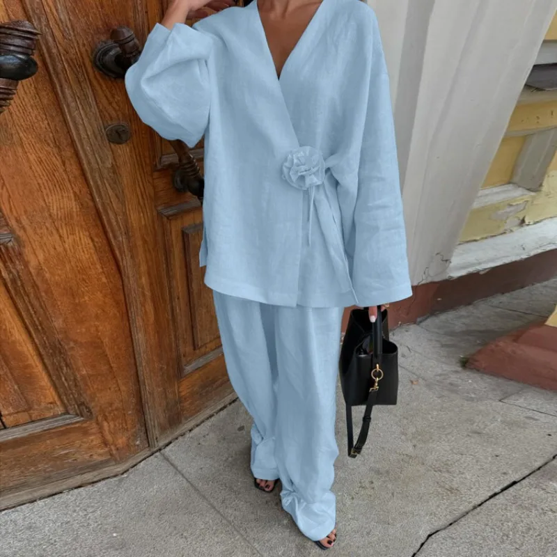 Women 2 Piece Pajama set Casual Outfit Elegant Floral Splicing V Neck Long Sleeve Cardigan Pants Set Loose Matching Suit L Size