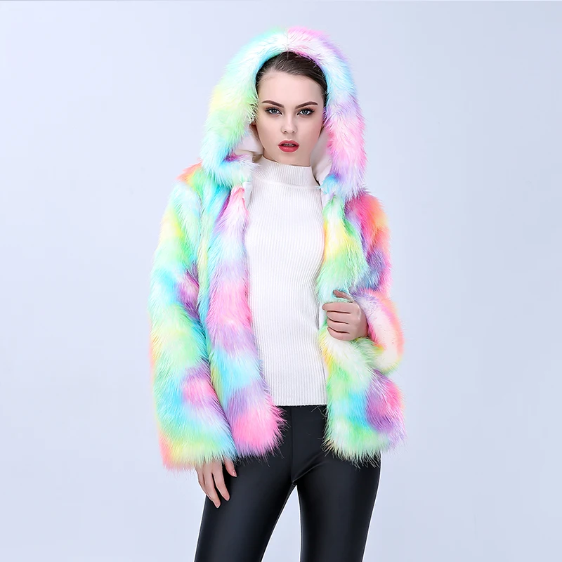 Autumn-winter Faux Fur Thermal Stylish Colorful Women\'s Jacket