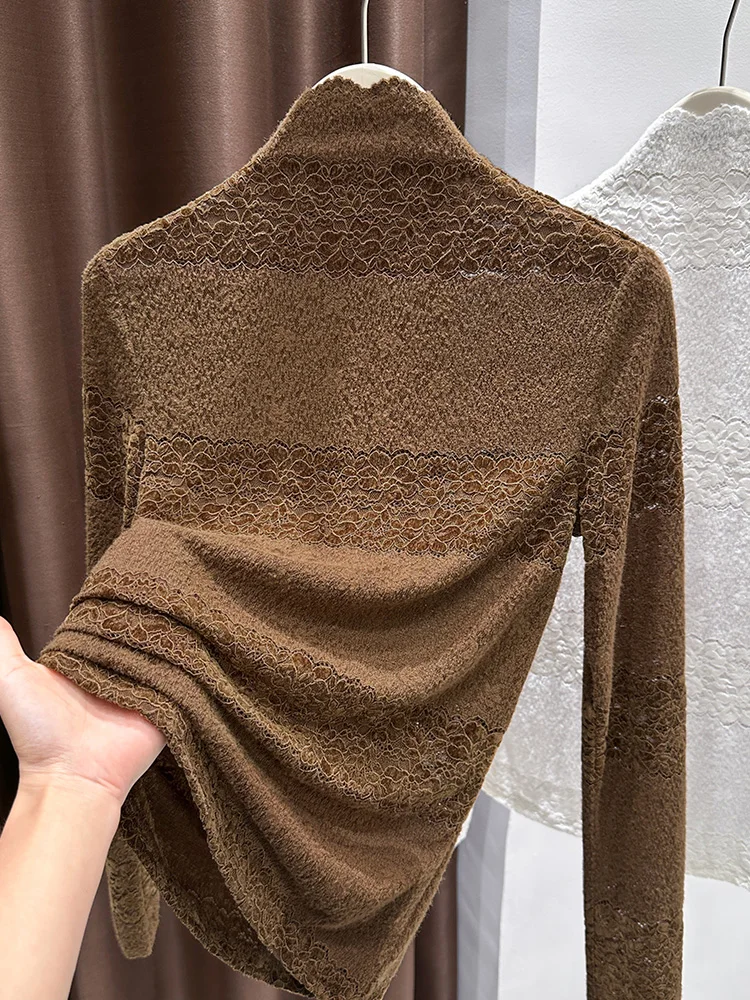 Qingdao dentelle f col haut Base irt automne hiver pull superposition intérieure creuse longue Sve haut femmes trajet Sle donc...