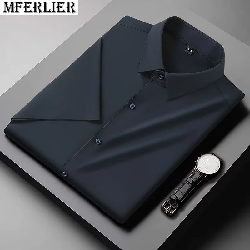 

summer men ice shirts Anti-wrinkle short sleeve Plus size 12XL formal dress shirt office soft slim Breathable shirts elastic 54