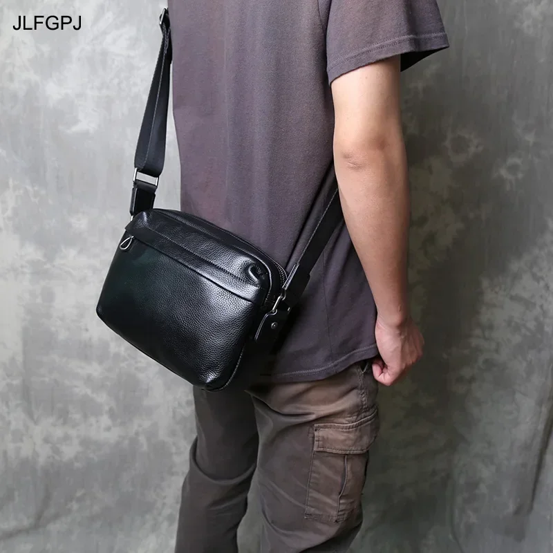 Men's Genuine Leather Shoulder Crossbody Bag Horizontal Fashion Head Layer Cowhide Simple Zipper Cell Phone Pouches