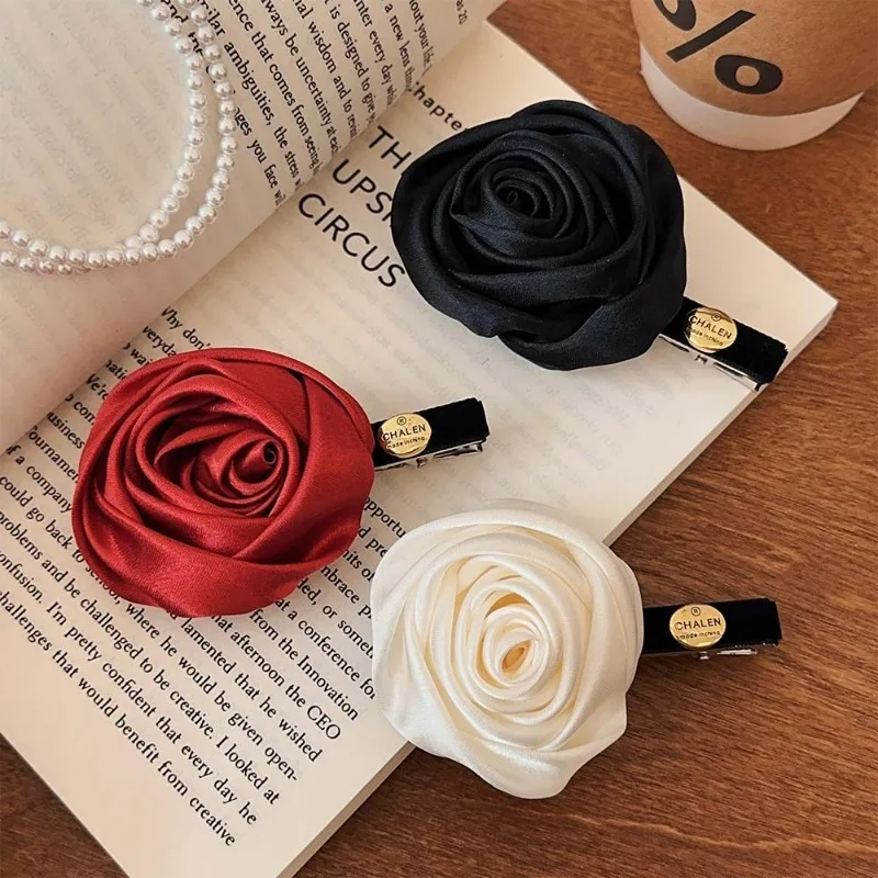 French Satin Retro Handmade Rose Barrettes Three-Dimensional Flower Side Clip Bangs Clip Headdress Cropped Hair Clip Women