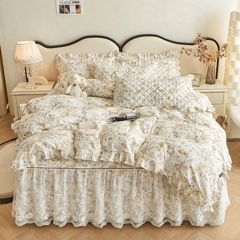 AI WINSURE Bed Linen Set Cotton Duvet Cover Bedding Set Queen King Size Printed Double French Ruffle Bed Skirt 2 Pillowcases