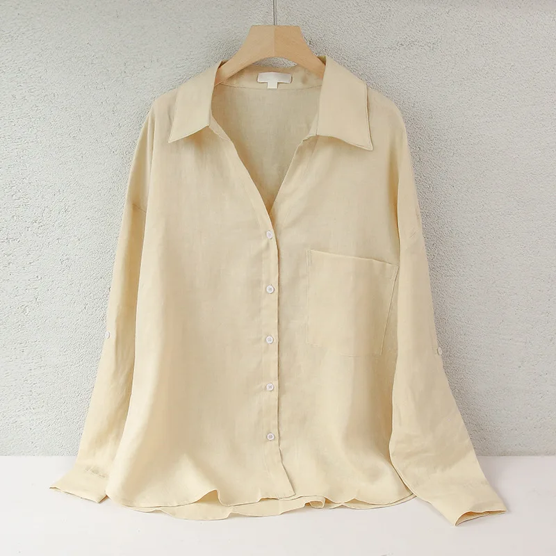 

Women's Lightweight 100% Linen Shirt Classic Basic Solid Color Lapel Collared Cardigan Summer Casual Long-Sleeve Woman Shirts
