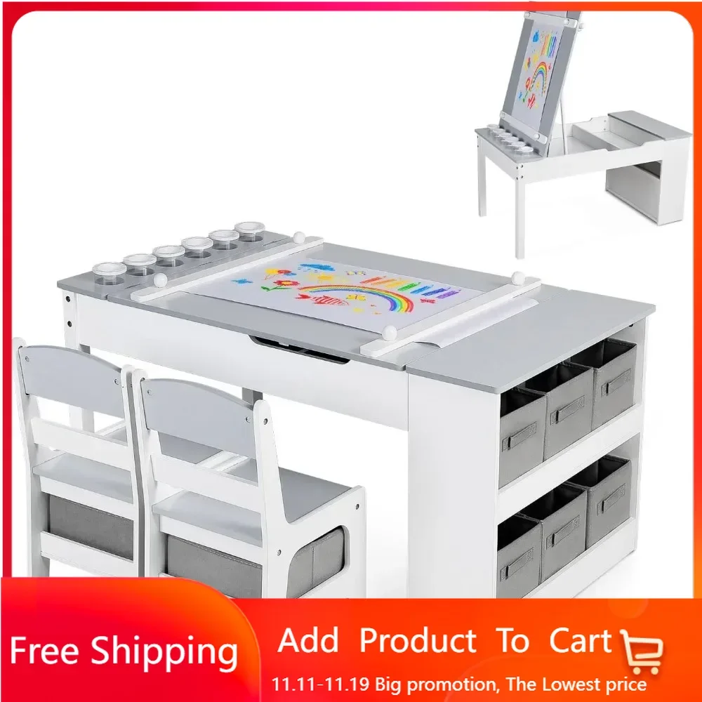 3 in 1 Kids Art Table & Easel Chair Set, Wood Children Activity Table, 6 Storage Bins, Paper Roll, Paint Cups, Playroom