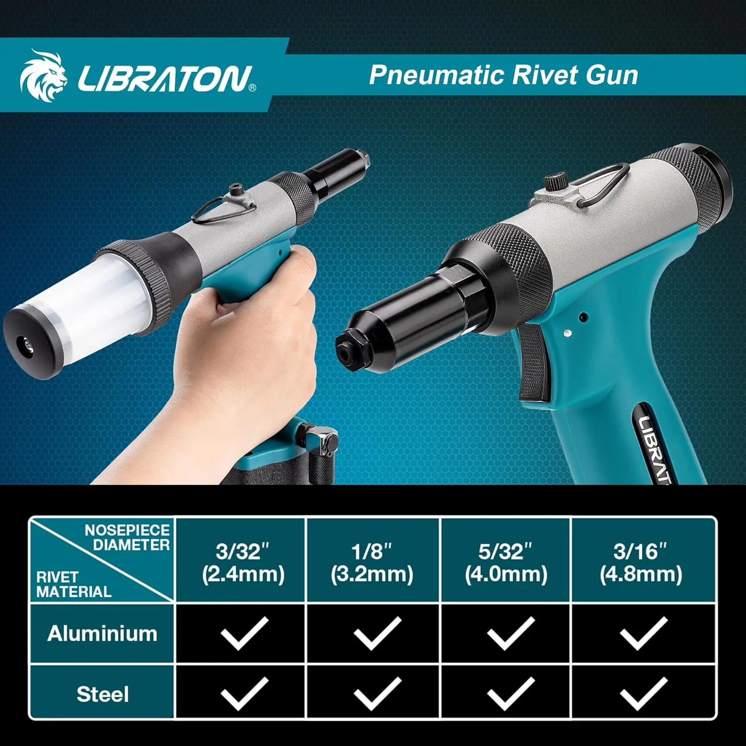 طقم مسدس برشام هوائي، ممبر هواء عالي التحمل 3/32 بوصة، 1/8 بوصة، 5/32 بوصة، 3/16 بوصة مع 200 مسامير، تصميم ذاتي الشفط