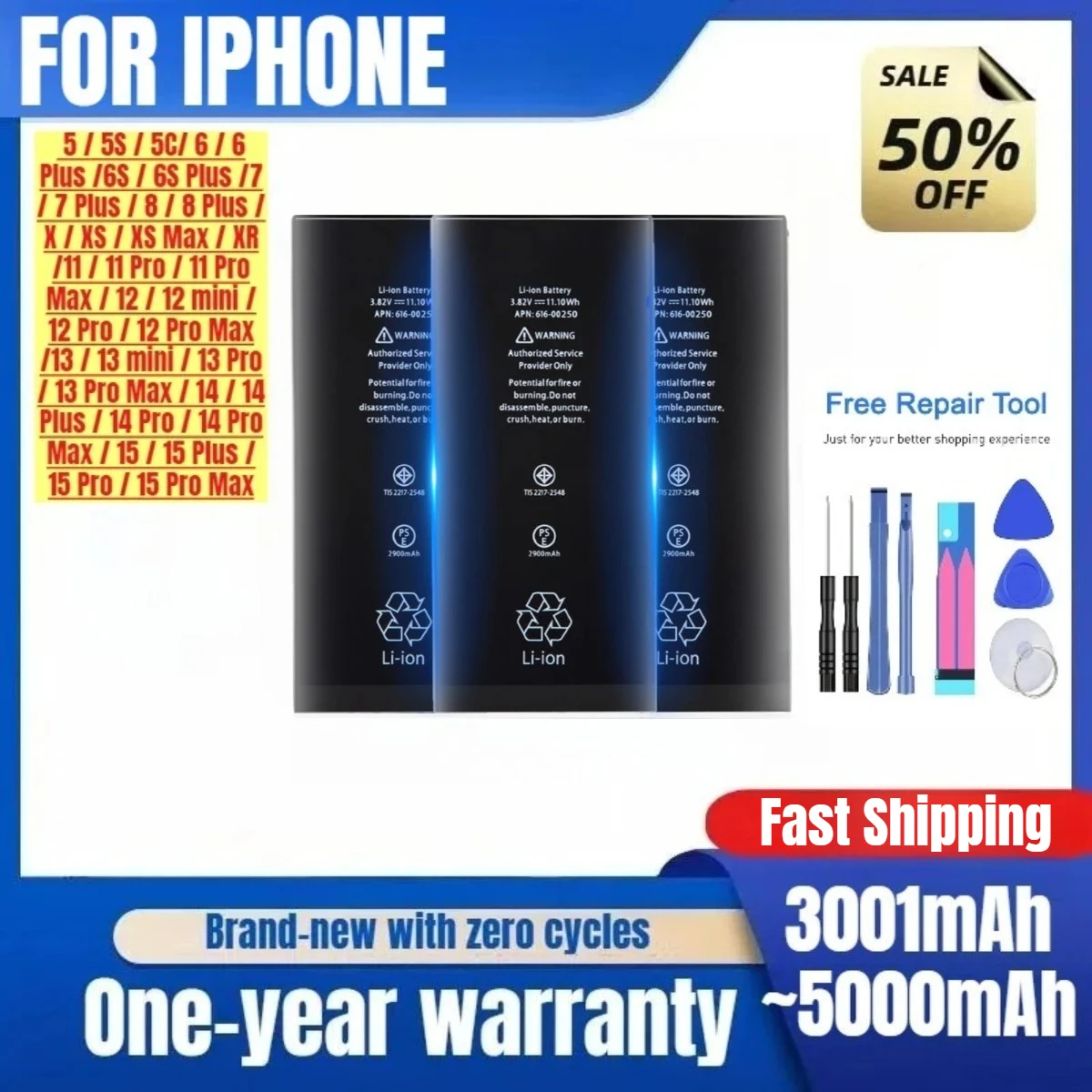

For IPhone Battery, Large Capacity and Durable 5s/6s/7P/11/12 Mobile Phone Battery 13/8P/X/XS/XR/8 with Tools
