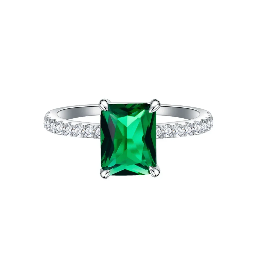 New Models 925 Sterling Silver Four Claw Set with 7 * 9mm Synthetic Emerald Ring for WomenSmall and Versatile