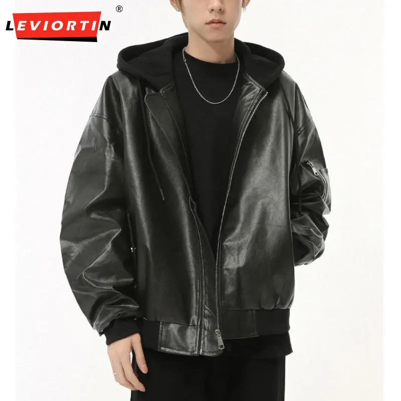 LEVIORTIN High Street Men's Pu Leather Coats Hooded Drawstring Zipper Patchwork Solid Color Streetwear Male Short Jackets Chic