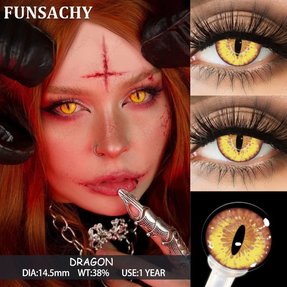 FUNSACHY 1 Paar Drachen-Cosplay-Kontaktlinsen für Halloween Verrückte Cosplay-Kontaktlinsen Anime Gelbe Weichlinsen 14,0-14,5mm Linse – Detail 4