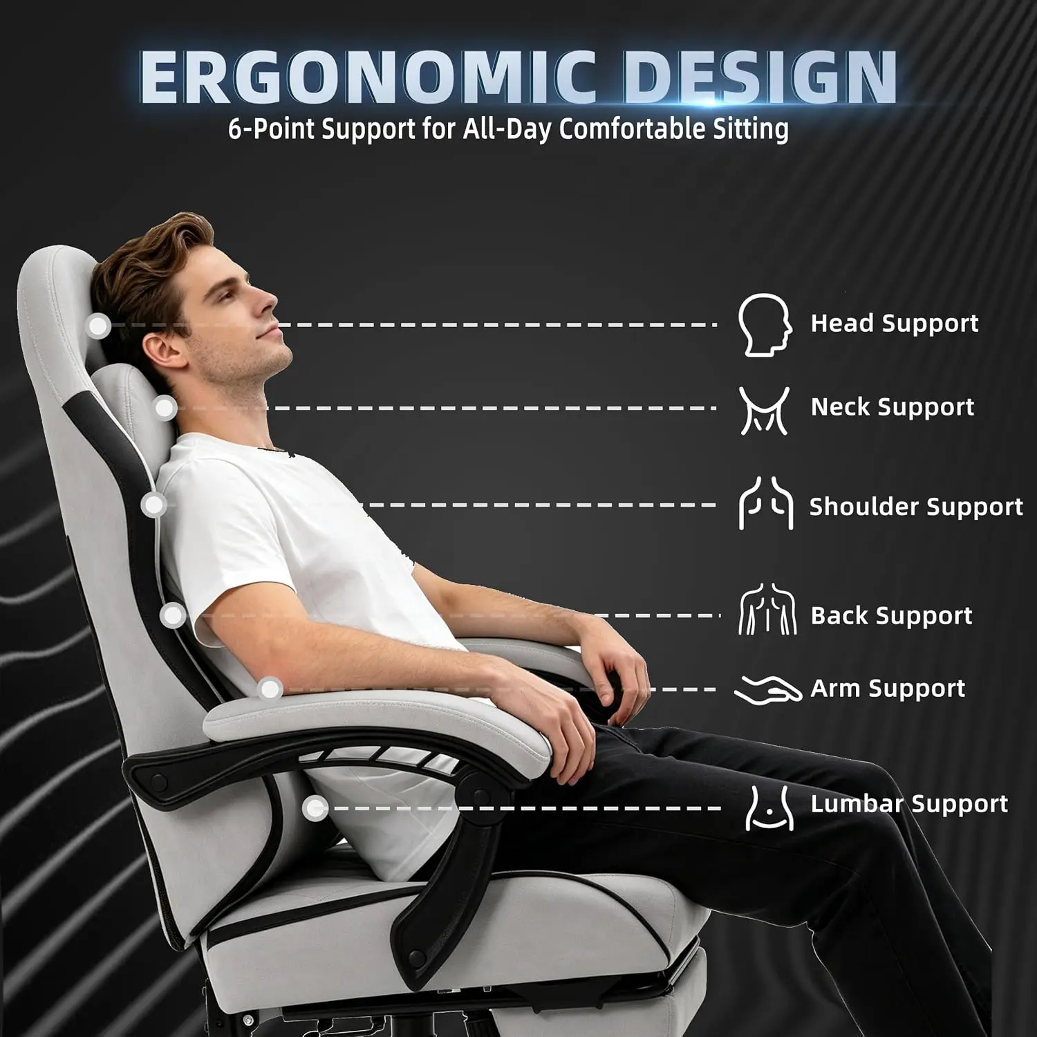 Gaming Chair for Adults, Fabric Gaming Chair with Footrest and Pocket Spring Cushion, Ergonomic Gamer Chair with Lumbar Support, Reclining Computer Gaming Chair with High Back, Grey image 6