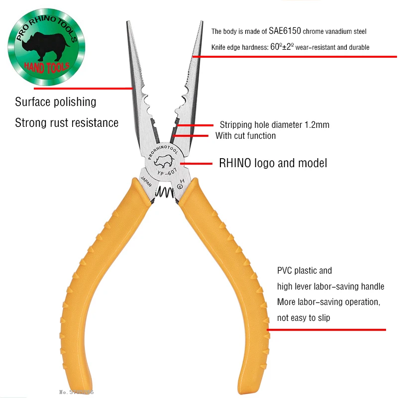 

Japanese RHINO YN-607 Multi-Functional Electrician Oblique Pliers YP-607 Sharp Nose Wire Stripping Industrial Grade Pliers