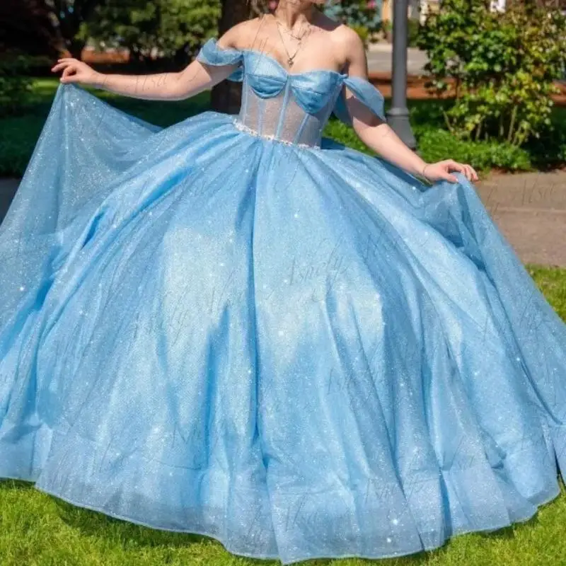 Robe de Bal Élégante Bleu Ciel pour Fille, Tenue de 16e Anniversaire, avec Perles, à Lacets dans le Dos