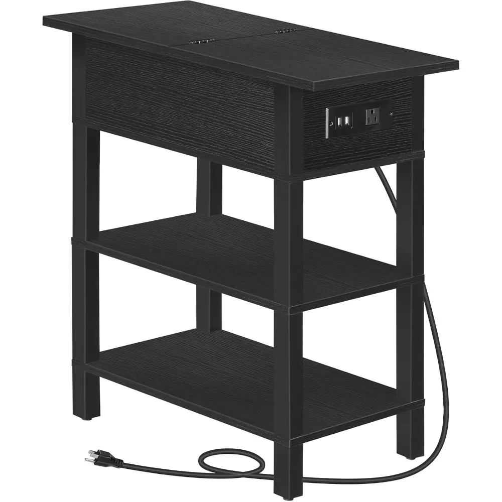 End Table with Charging Station, Flip Top Bedside Table with USB Ports, Narrow Nightstand with Storage Shelves, for Small Space