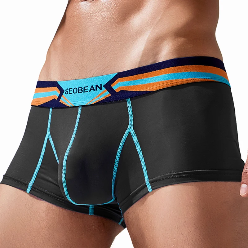 Men's Soft Smooth Boxer Briefs with Contrast Color Striped Elastic Waistband U Convex 3D Pouch Breathable Stretch Sexy Thin Male