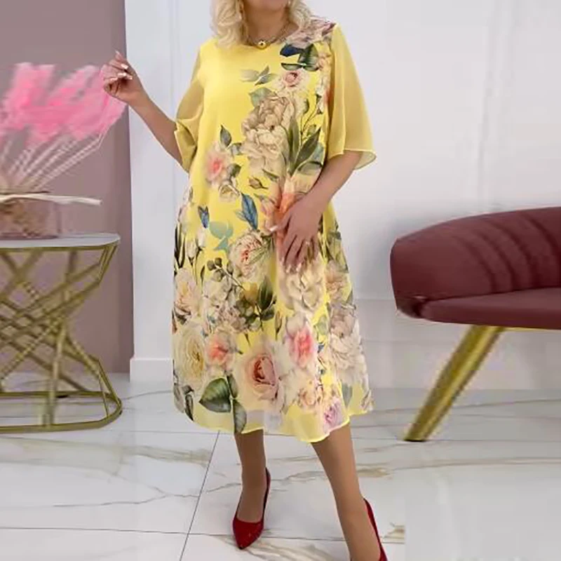 2025 فساتين عتيقة للسيدات بأكمام قصيرة مطبوعة بالزهور فساتين متوسطة الطول فضفاضة للنساء فستان مناسبات الشاطئ رداء نسائي للحفلات أصفر