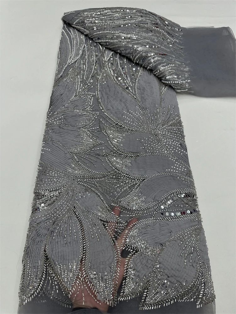 2025 Latest African 3D Flower Lace Fabric Embroidery French Mesh Lace Fabric With Sequins Beads Nigerian Tulle Lace For Party