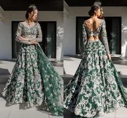 Emerald Green and Gold Lehenga Traditional Wedding Dresses Long sleeve Indian Two Pieces Bridal Gown customsized rove de mariée