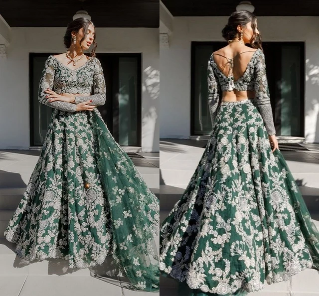 Emerald Green and Gold Lehenga Traditional Wedding Dresses Long sleeve  Indian Two Pieces Lace Bridal Gown