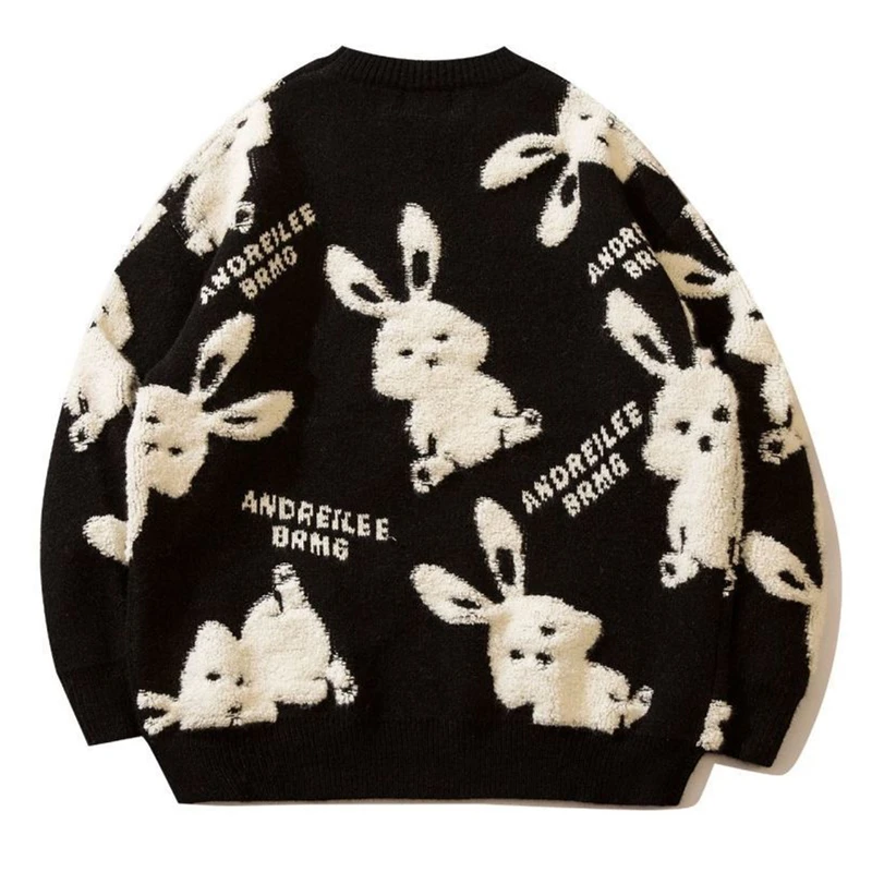 Harajuku Cute Animal Bunny Embroidery Sweaters Oversized Thicken Winter O-neck Pullover Christmas Red Streetwear Kawaii Clothes