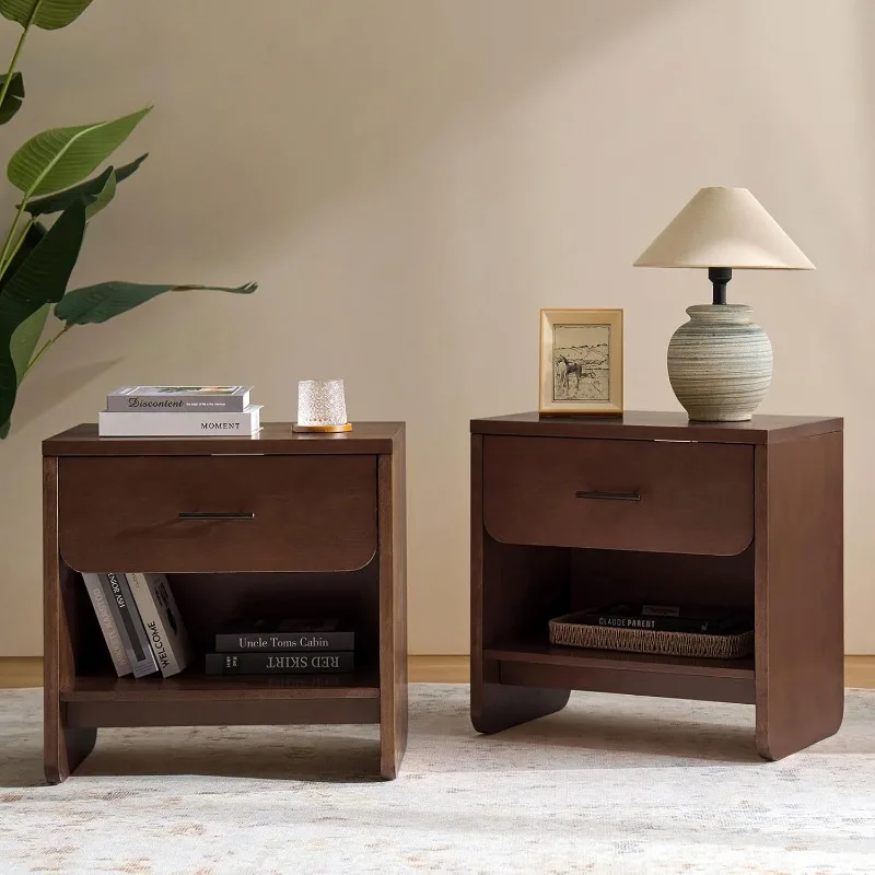 Walnut Nightstand Set of 2 with Charging Station and Hidden Drawer, Bedside Table with Open Storage Shelf, Modern Wo