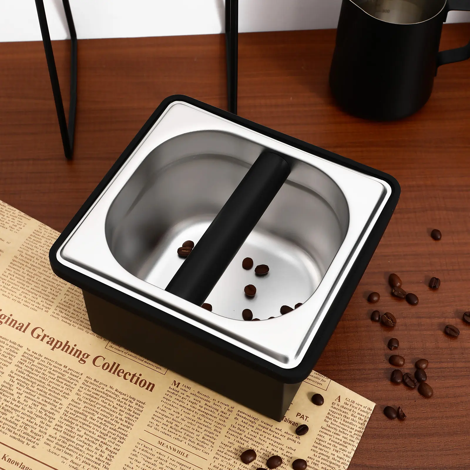 

Espresso Knock Box Stainless Steel Coffee Grounds Container Large Capacity Nonslip Base Noise Reduction Coffee Knock Box