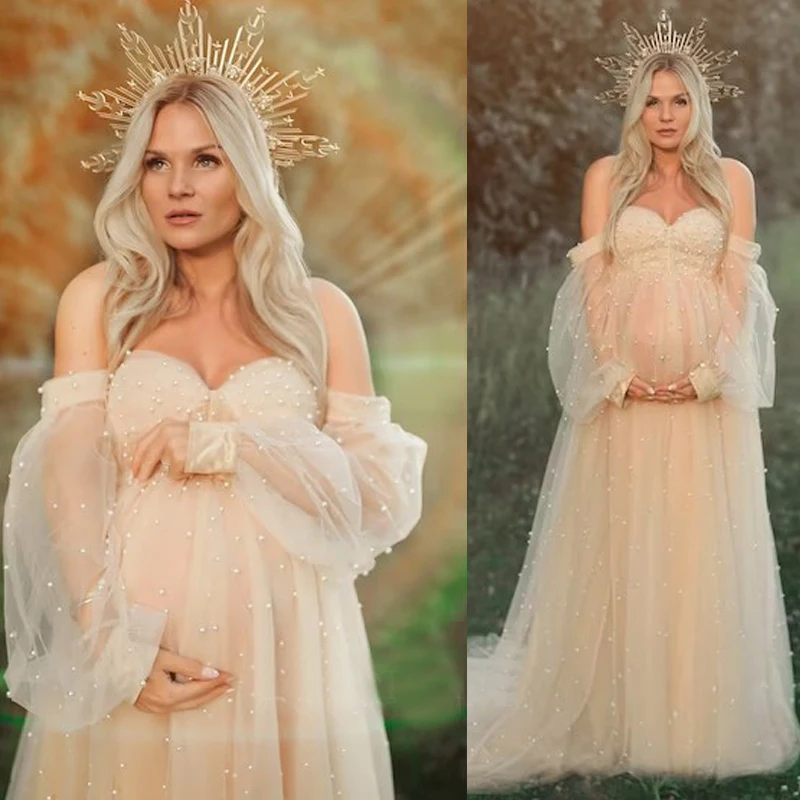 Pearl Tulle Maternity Dress for Photoshoot Long Puffy Sleeve Off Shoulder Babyshower Bridal Pregnancy Gowns