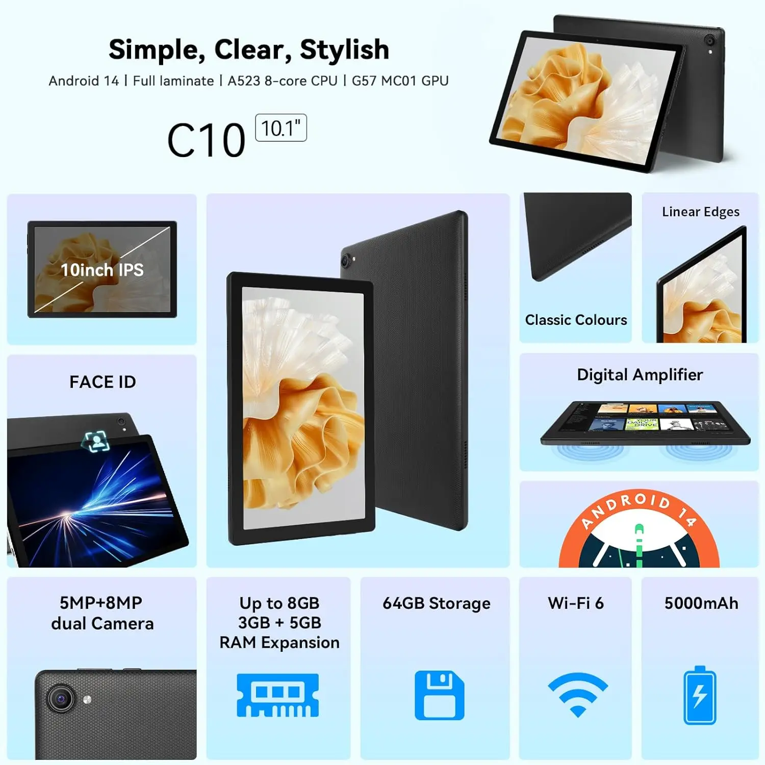 URAO Tablet da 10 pollici Android 14 8 GB (3 + 5 Espandi) RAM 64 GB ROM 1 TB Espandi 1280x800 Schermo IPS Batteria da 5000 MAH Doppia fotocamera WiFi 6