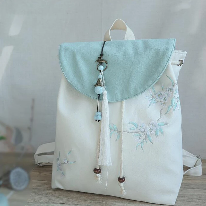 Zaino con nappe di fiori ricamati cinesi borsa Casual Hanfu Multi tasca borsa di tela di grande capacità zaino antico da donna