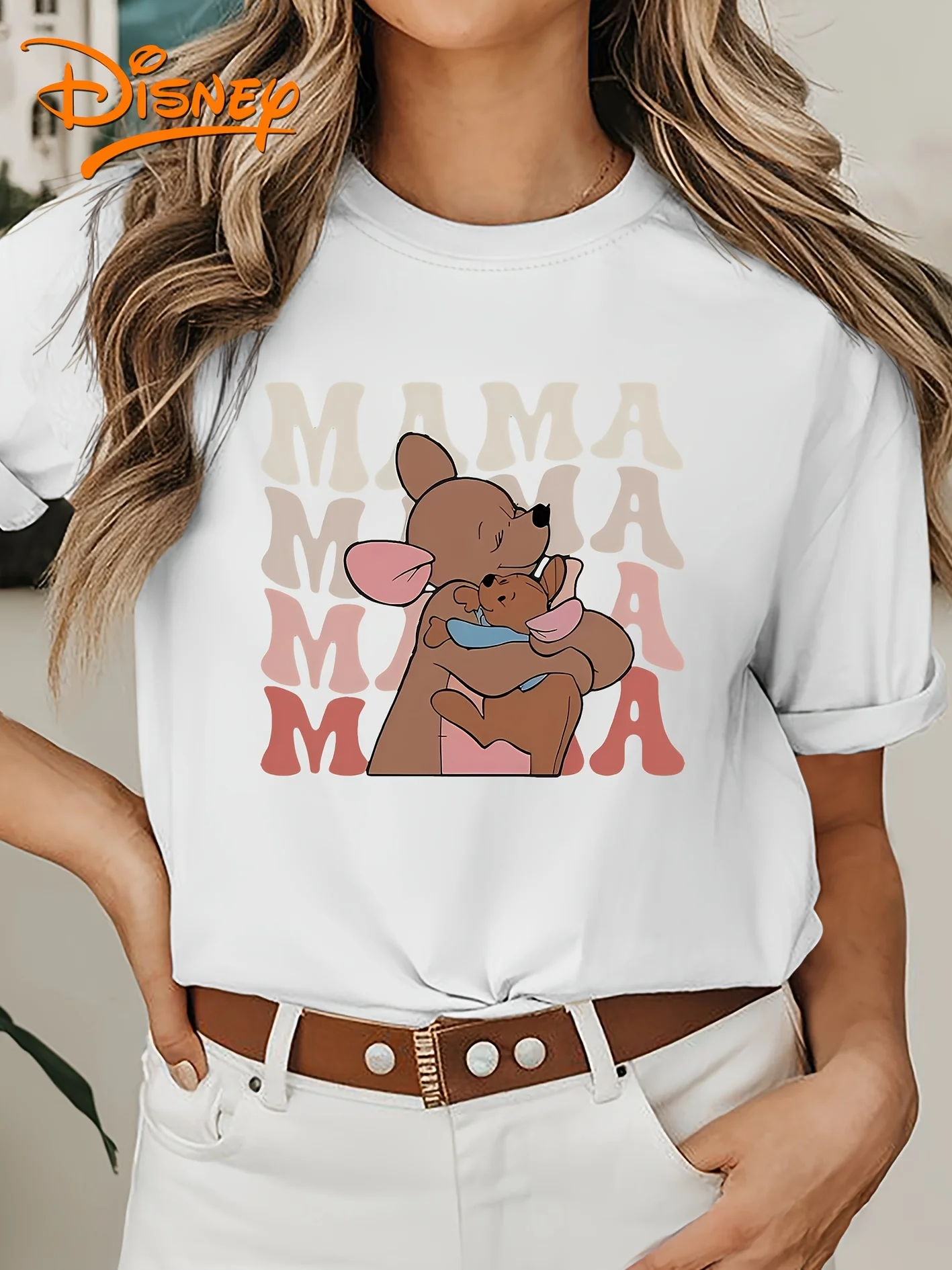 Disney Winnie l'ourson kangourou maman t-shirt Vintage femmes hommes coton t-shirt à manches courtes haut col en o décontracté surdimensionné ample unisexe