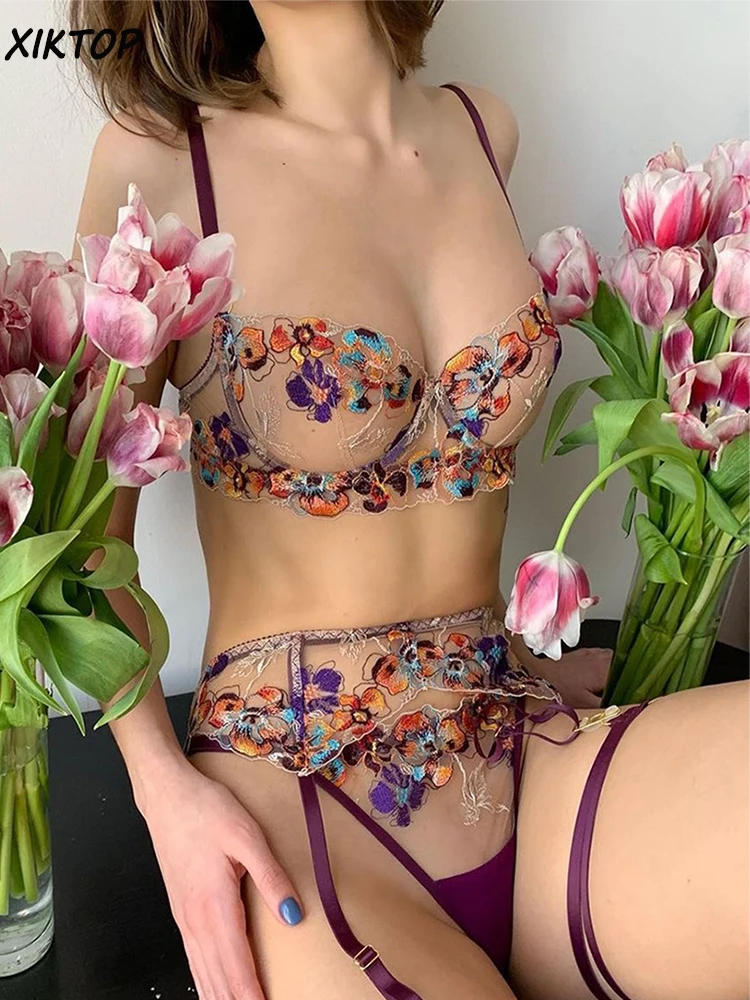 

Xiktop Fantasy Lingerie Set Women Sheer Mesh Floral Embroidery Underwear Delicate Fairy Set Sexy Tempation Bra Panties Fancy Set