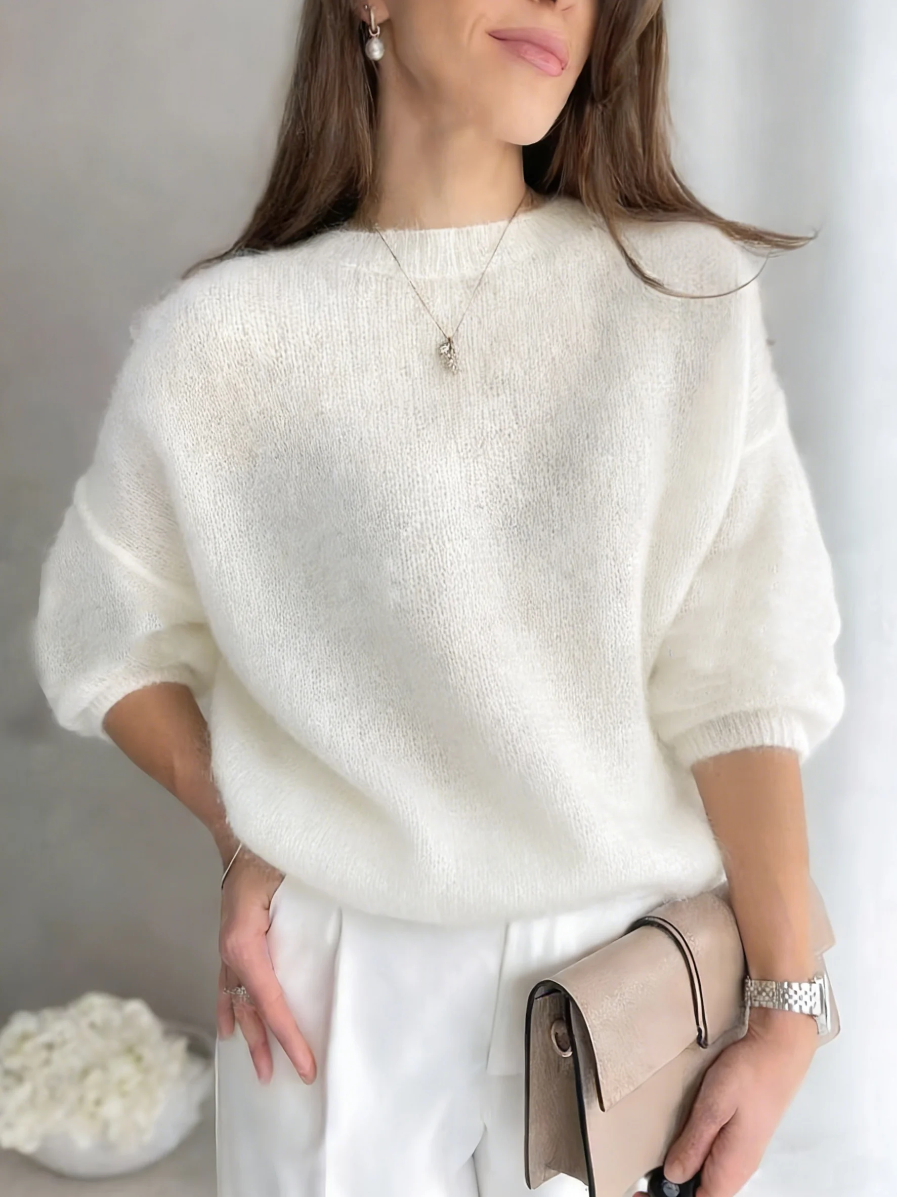 

Women's Knitted Round Neck Loose Solid Color Top, Elegant Casual Style, Spring and Autumn