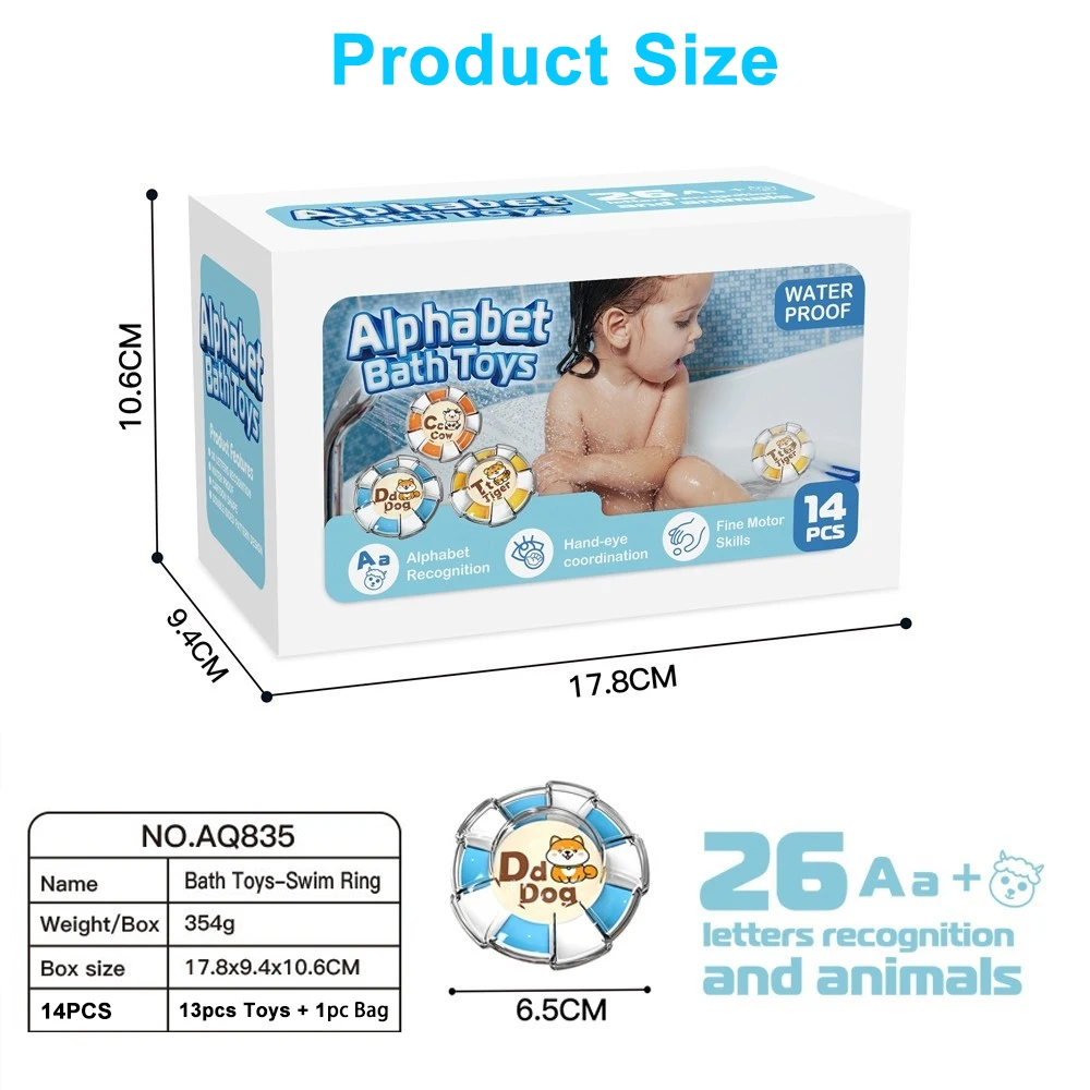 Jouets de bain Alphabet, 13 pièces, mots d'identification des animaux, apprentissage de la A à Z, lettres supérieures et inférieures, reconnaissance des couleurs, comptage du motricité Fine