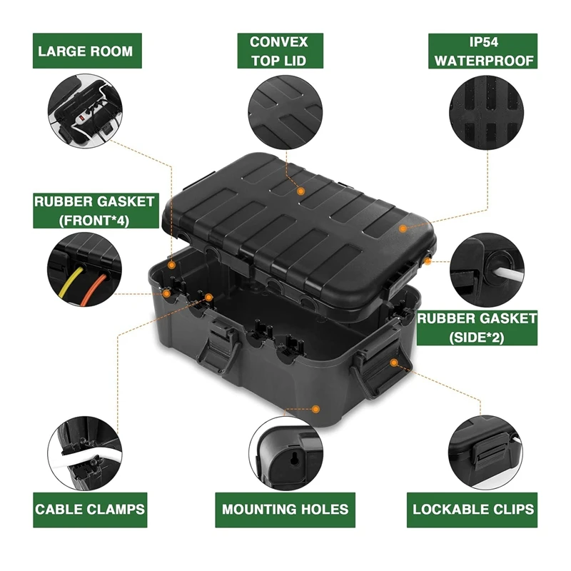 صندوق كهربائي خارجي مقاوم للعوامل الجوية ، غطاء سلك تمديد مقاوم للماء ، منفذ بلاستيكي ، سدادة ، مقبس ، شريط طاقة ، 1 1000