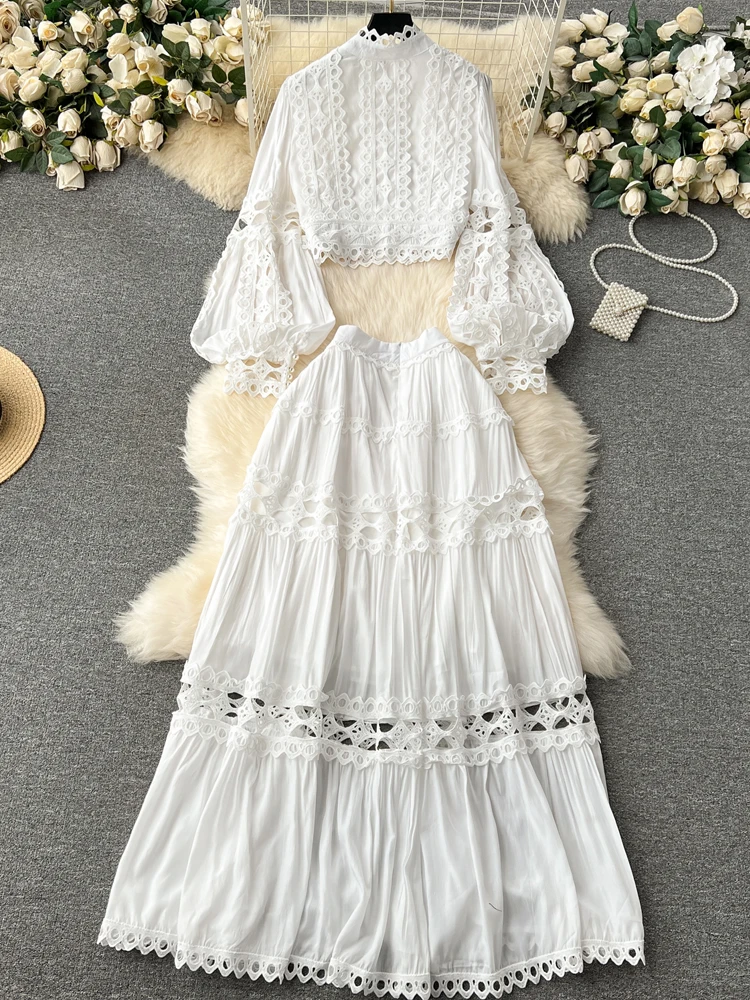 White 2 piece set Women\'s Party lace cutwork blouse tops and Long high-waist skirt 2024 Spring summer suit Luxury INKEO 3T219