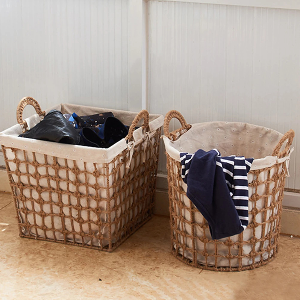 

Woven Jute Laundry Basket Square Round Retro Handheld Storage Hamper Small Size White Multi Purpose Container Material