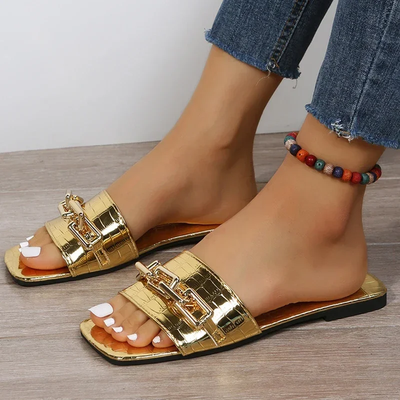 

Women Chain Flats Slippers Summer Sandals Casual Shoes 2024 Fashion New Slingback Walking Flip Flops Beach Shoes Dress Slides