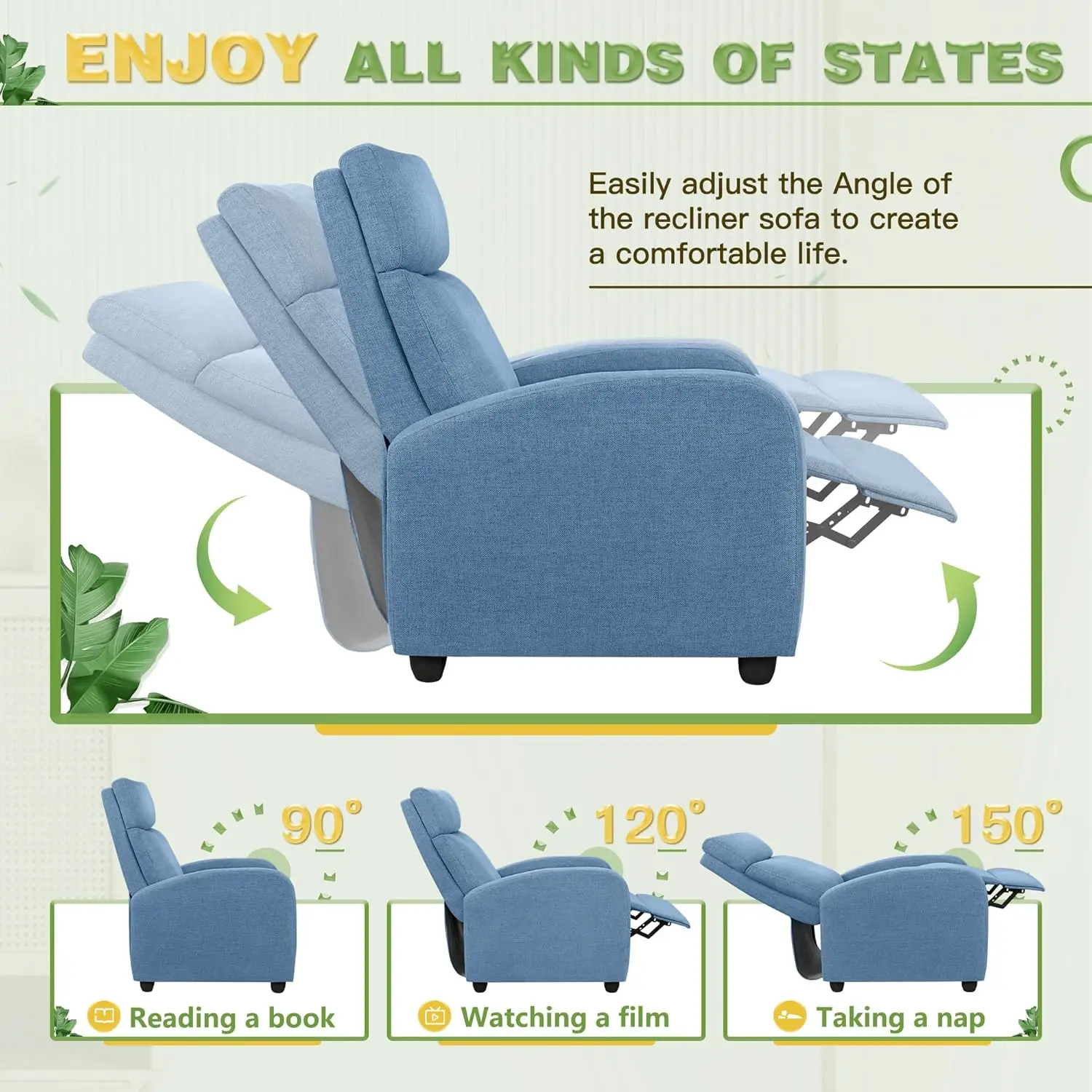 Chair for Living Room Adjustable Fabric Reclining Chair Home Theater Seating Modern Winback Single Sofa for Adults with Footrest