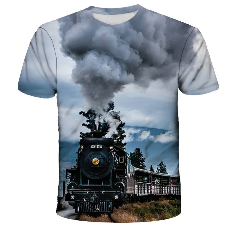 Vintage Train Locomotive T-shirts 3D Print Summer Streetwear Crew Neck Short Sleeve TShirt Oversized Men Women Comfort Tops Tees