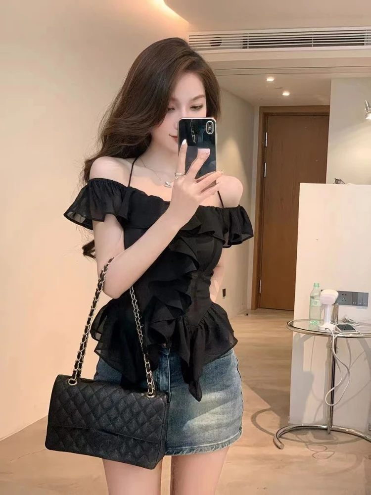 Pleated Sexy Black Blouse Women Ruffled Slim Harajuku Irregular Top Y2k Aesthetic Slash Neck Grunge Blusas Streetwear De Mujer