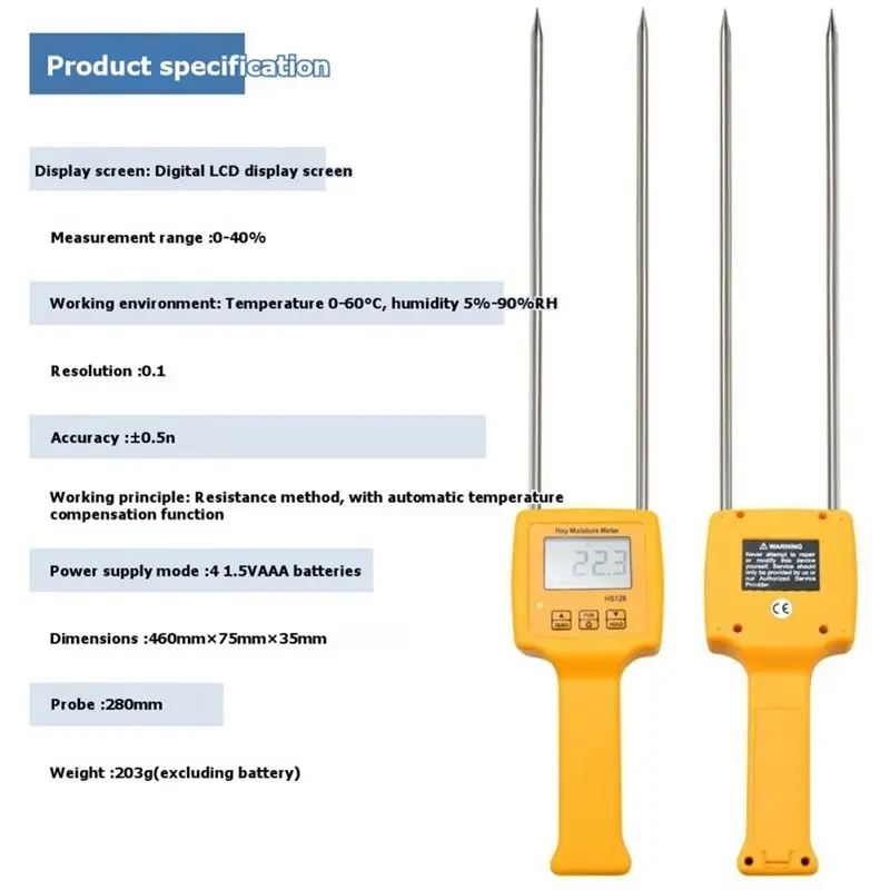 HS128 Hay Moisture Meter Handheld Bale Straw Moisture Tester Digital Forage Grass Moisture Detector For Agriculture Farm-AT30