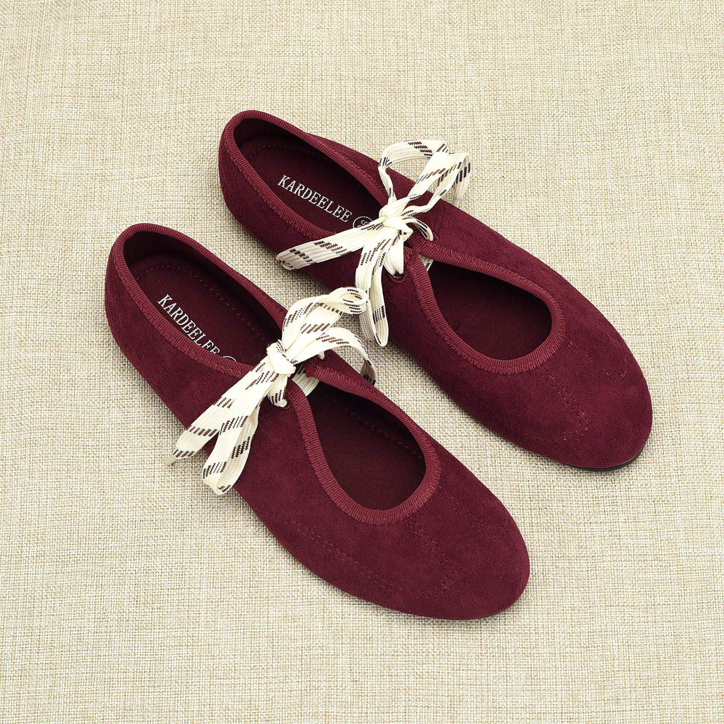 New ZA Women's Ballet Flat Shoes Wine Red Fashion Soft Bottom Brushed Surface round Head Lace up Casual Single Shoes