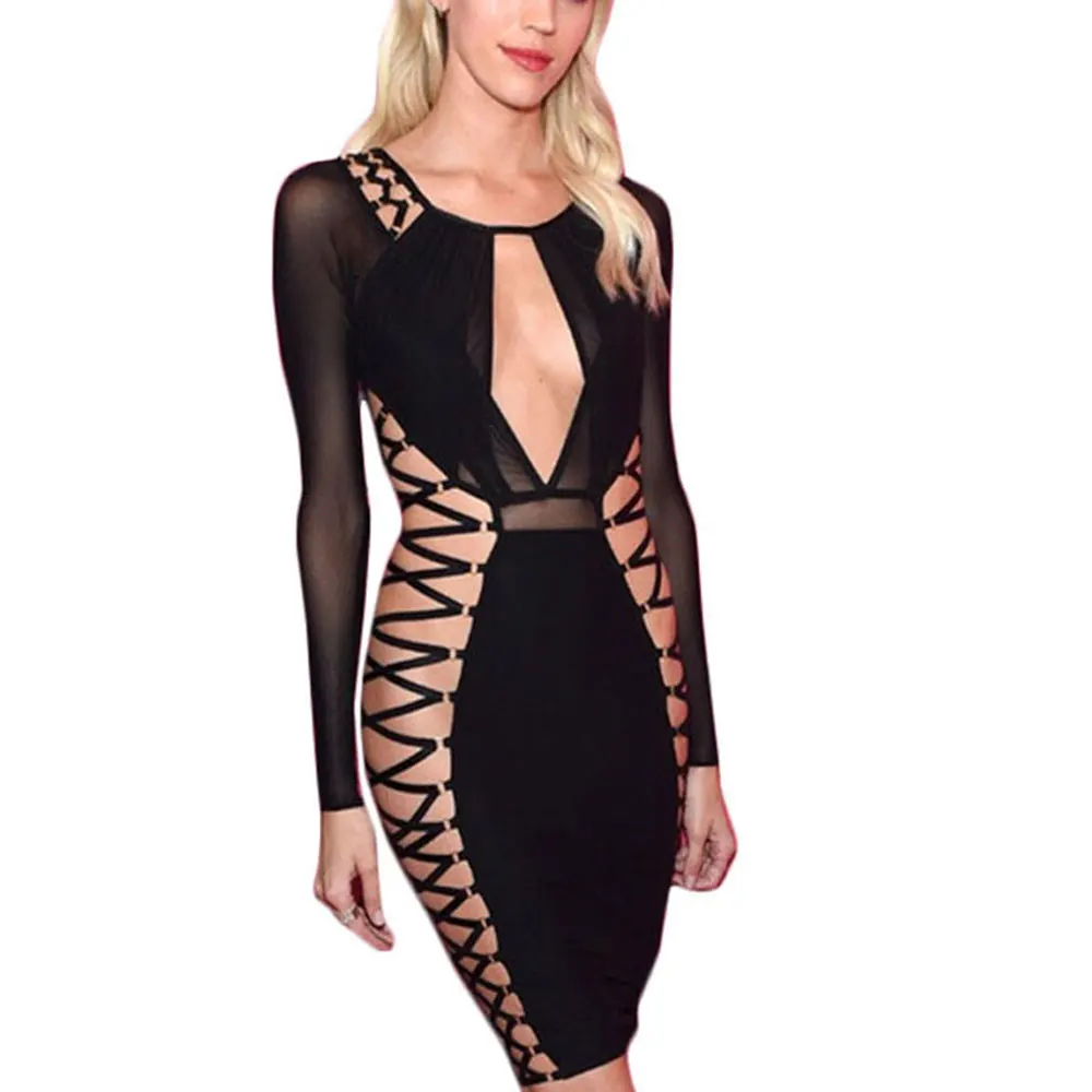 

HQBORY Women black mid-length Bandage dress sexy hollow out long-sleeved O-Neck fashion Draw String party dress Bodycon vestidos