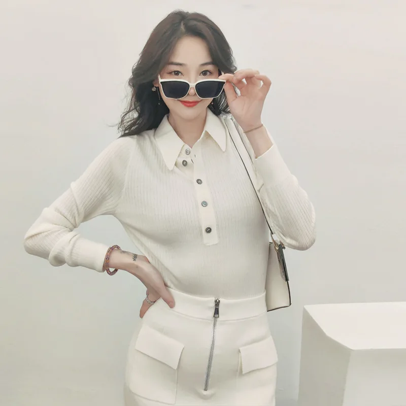 fashion sweater shirt wool top autumn pullover for women white sweaters clothes button clothing luxury woman knit fall blouse