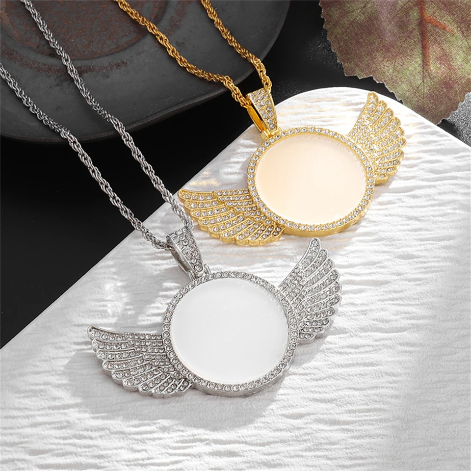 Htpwe Angel Wings Mirror Photo Memorial Pendant Inlaid with Ice Crystal Zirconia Necklace Couple Trendy Jewelry Birthday Gift