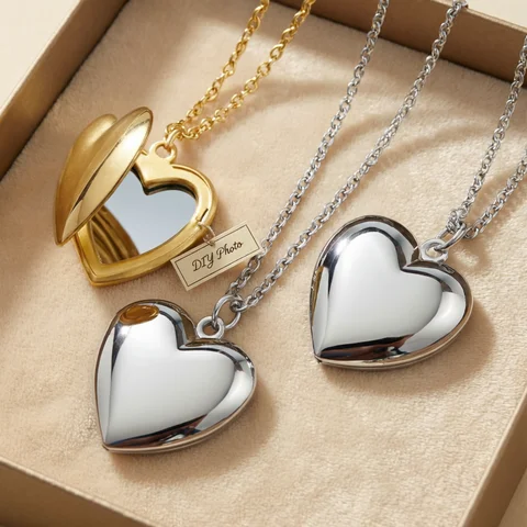 2Pcs/Lot Mirror Polish Stainless Steel Love Heart Photo Frame 28.5*28.5mm DIY Memory Locket Pendant Necklace