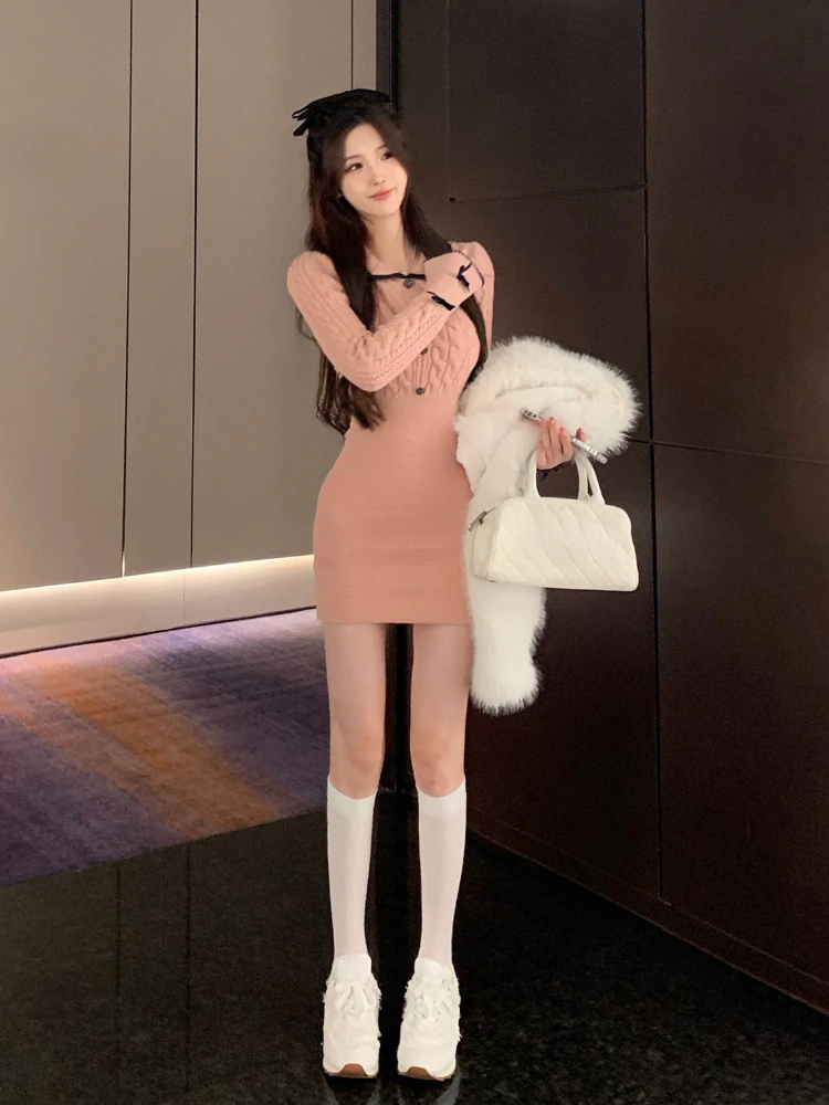 2022 Winter Elegant Knitted Dress Women Kawaii Clothing  Bodycon Y2k Mini Dress Female Slim One Piece Dress Korean Fashion Chic